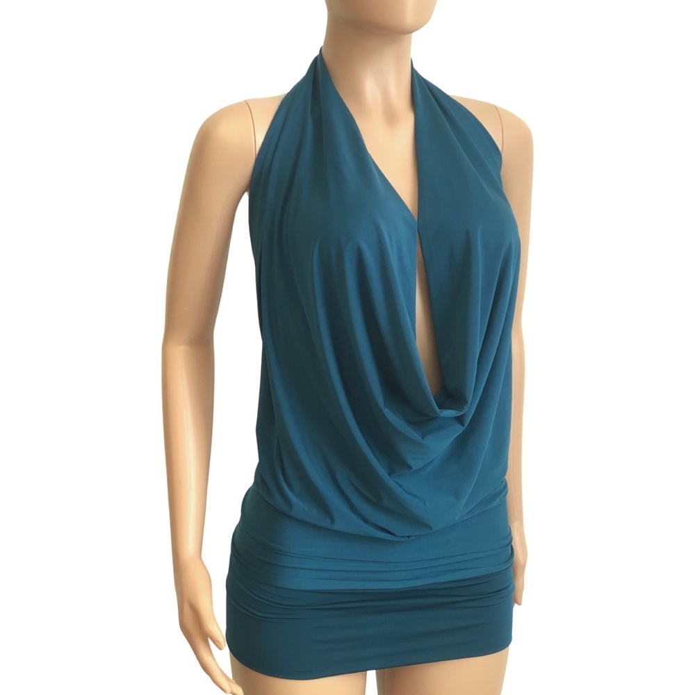 Teal Blue Backless Drape Halter Top - HandMade In USA